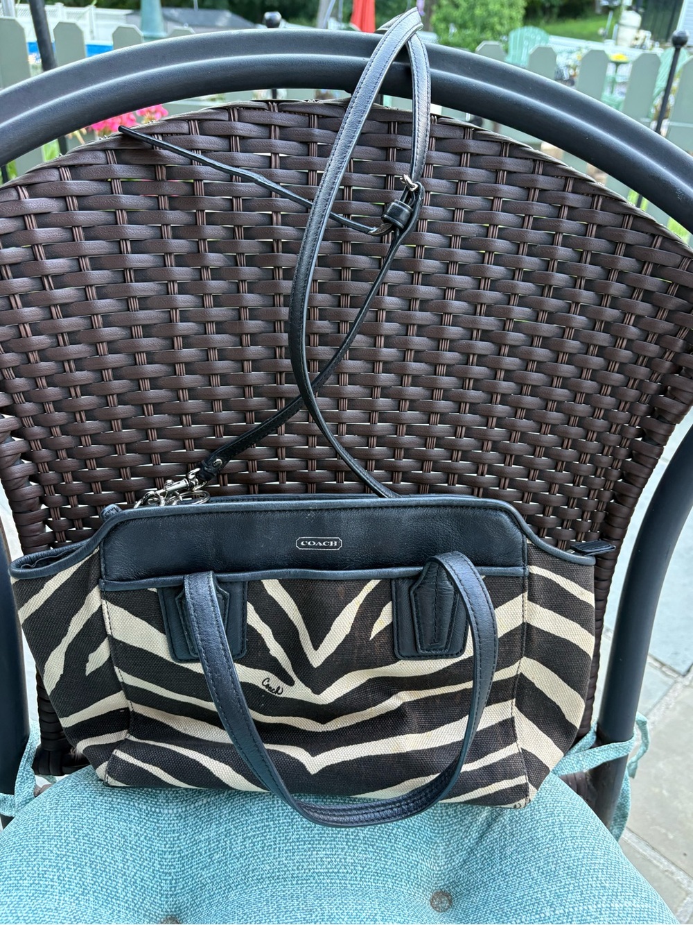 Coach Black and Cream Zebra-Print Canvas Shoulder Bag with Leather Trim